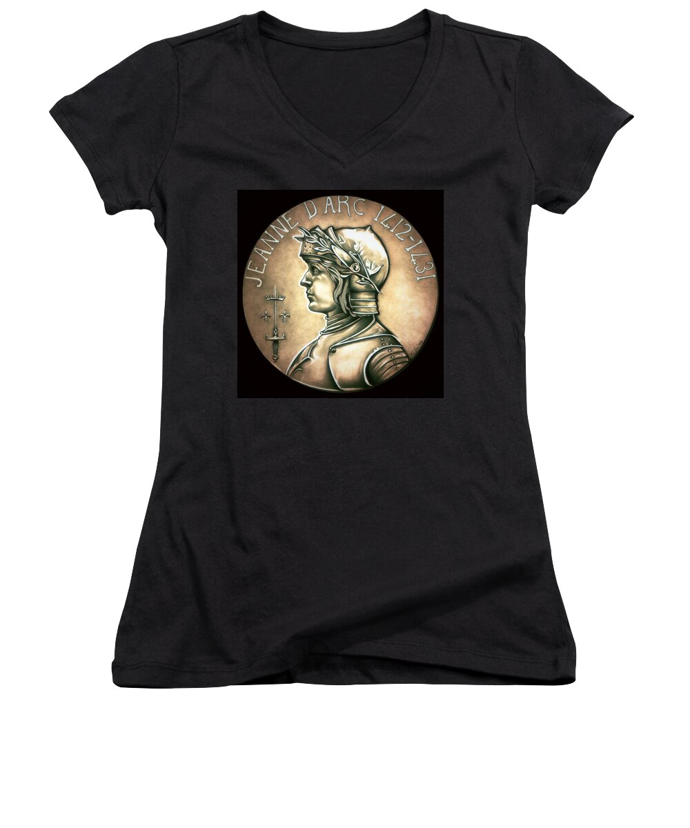 Coin Women's V-Neck featuring the drawing Saint Joan of Arc by Fred Larucci