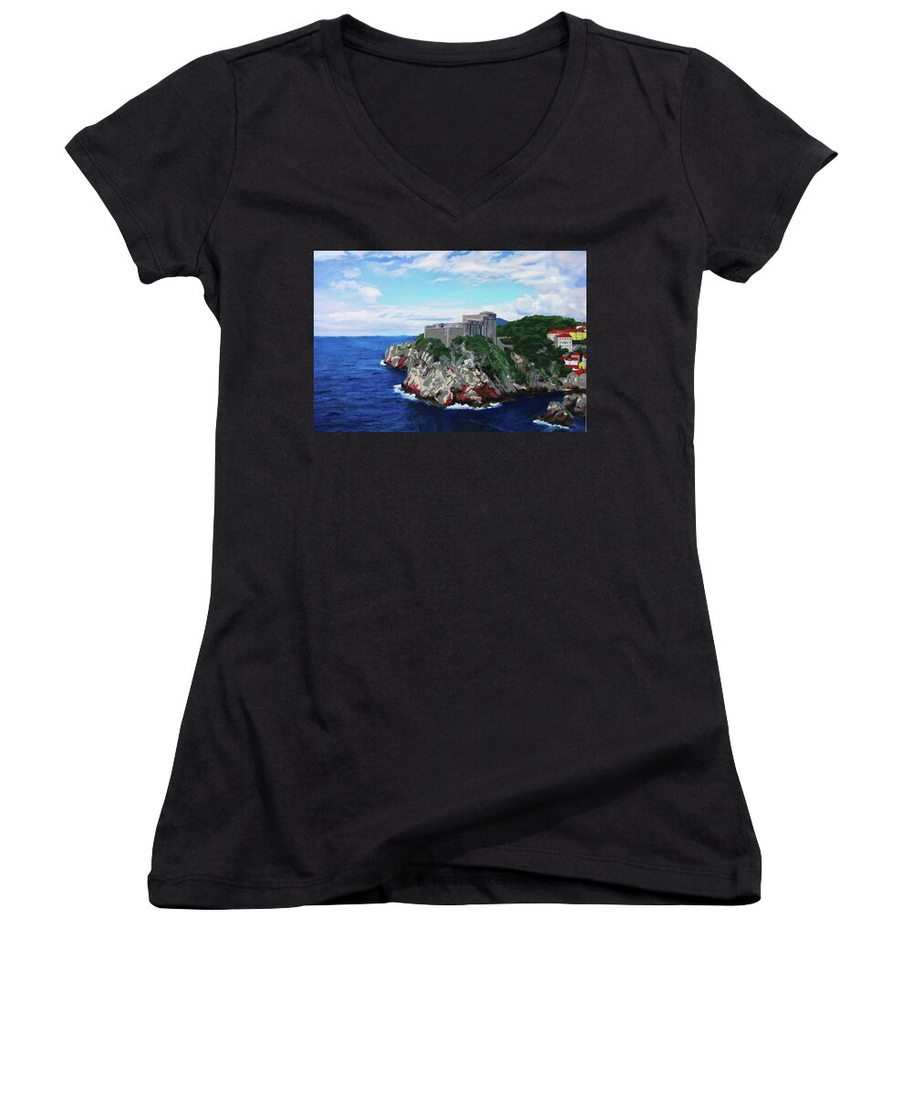 Game Of Thrones Women's V-Neck featuring the painting Game of Thrones Fort St Lawrence by Deborah Boyd