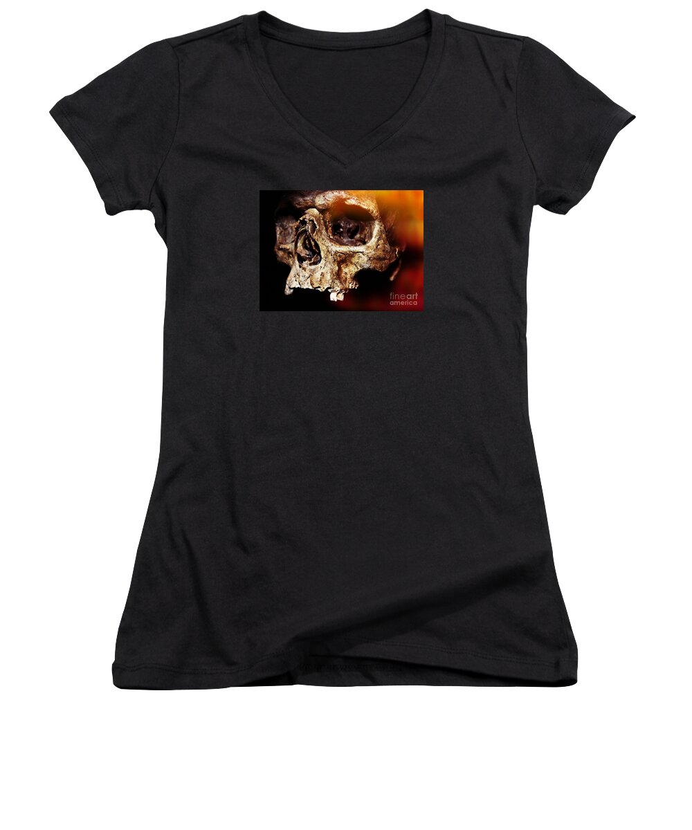 Halloween Women's V-Neck featuring the photograph Skull #2 by Iryna Liveoak