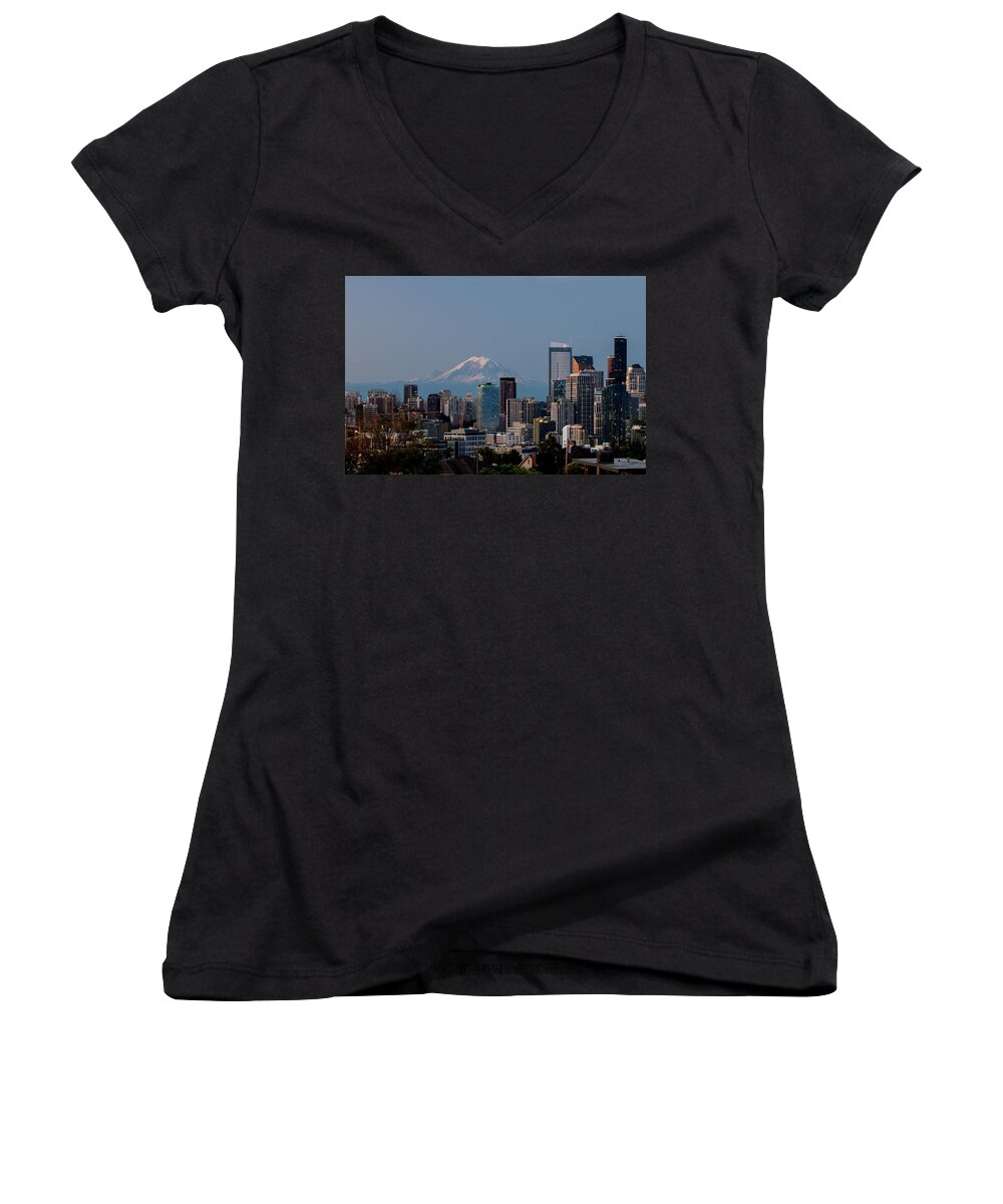 Shadows Women's V-Neck featuring the photograph Seattle-Mt. Rainier in the Morning Light .1 by E Faithe Lester