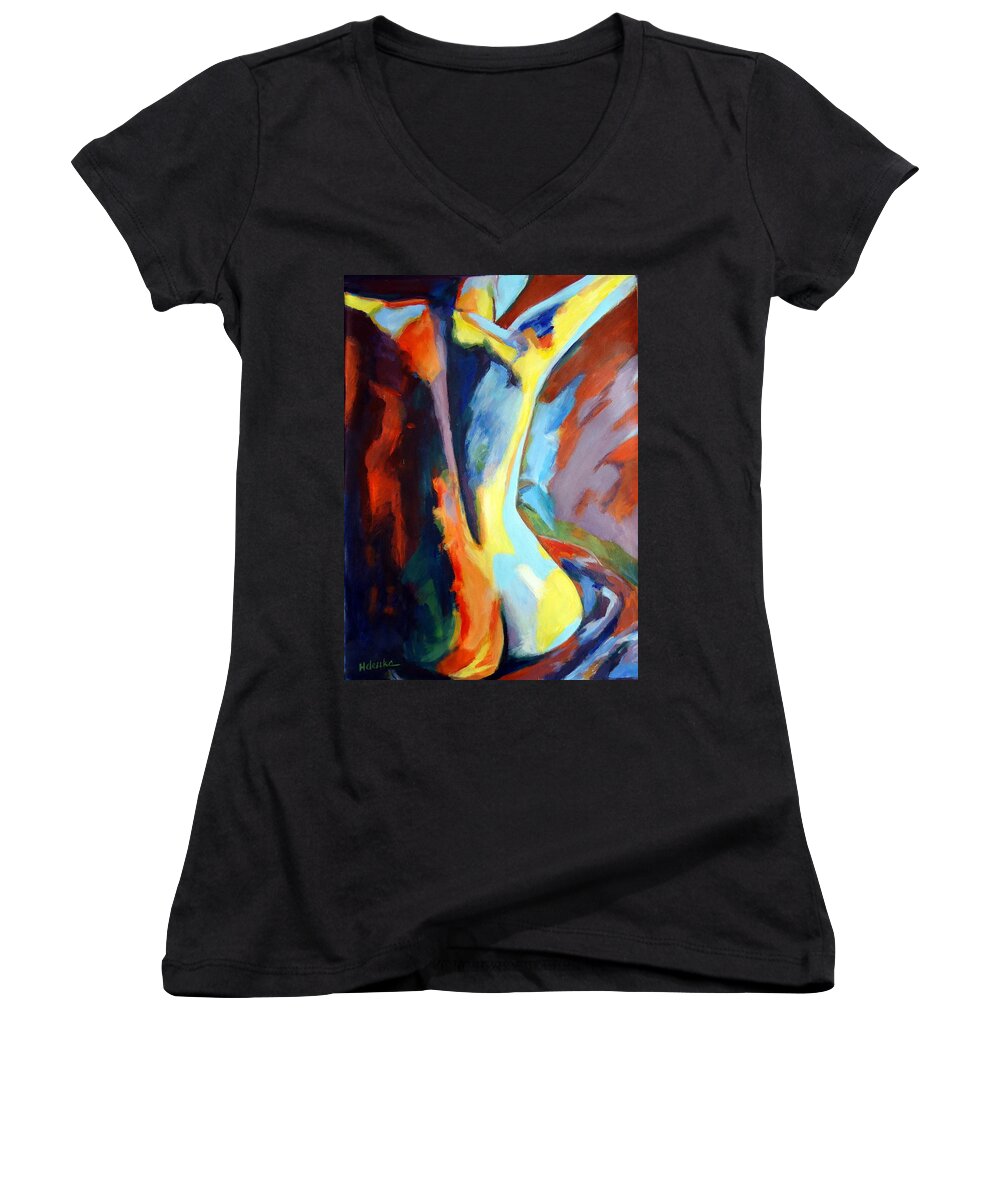 Nude Figures Women's V-Neck featuring the painting Secret sources and powers by Helena Wierzbicki