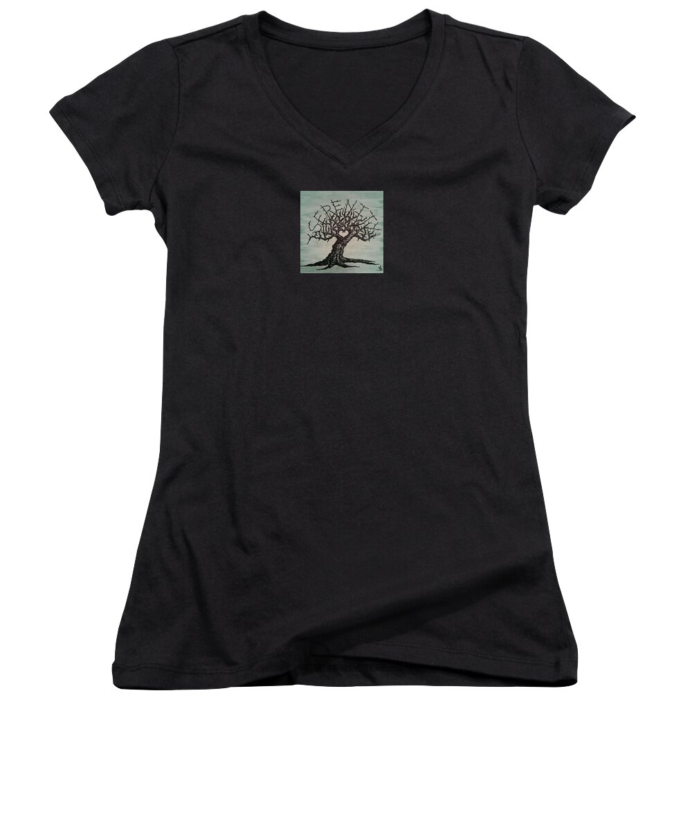 Serenity Women's V-Neck featuring the drawing Serenity Love Tree by Aaron Bombalicki