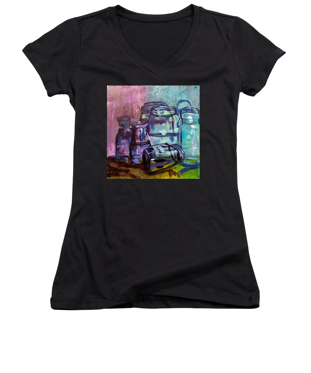 Glass Women's V-Neck featuring the painting Shadows through Glass by Barbara O'Toole