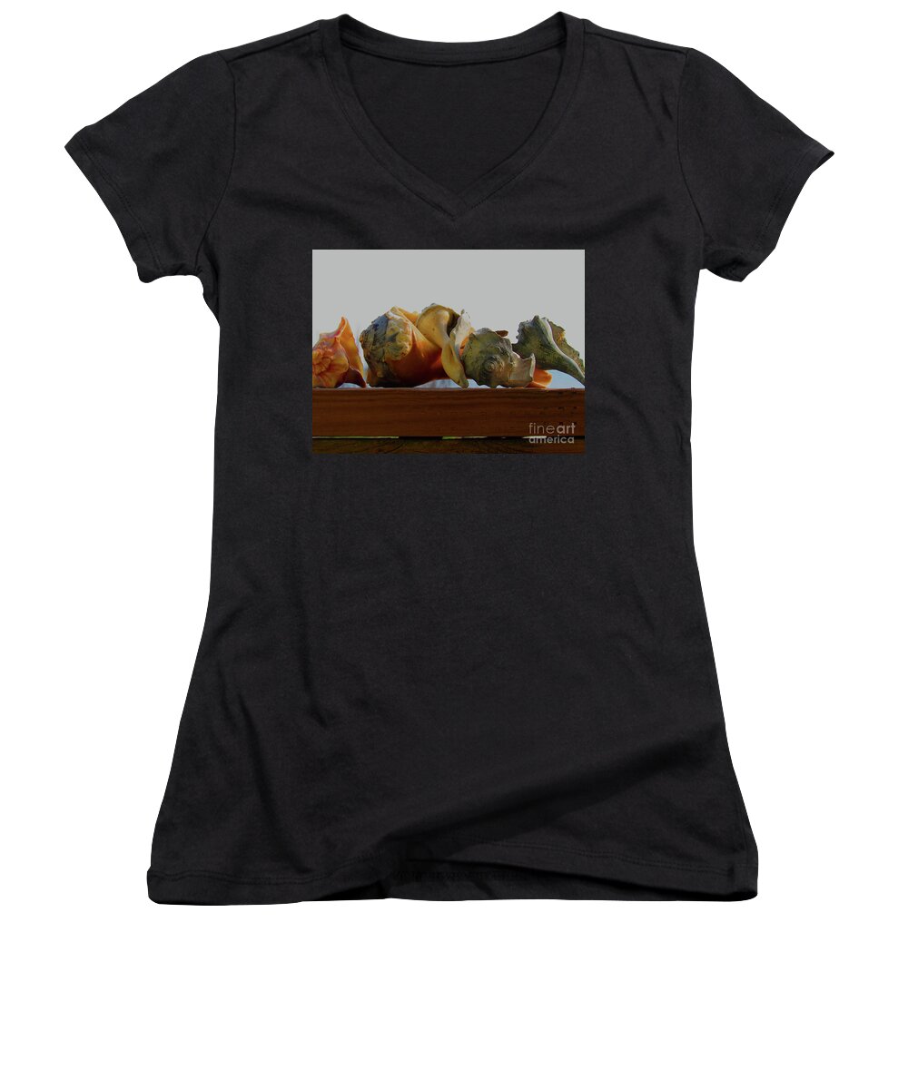 Shells Of The Sea Women's V-Neck featuring the photograph Shells of the Sea in Orange and Gray by Roberta Byram