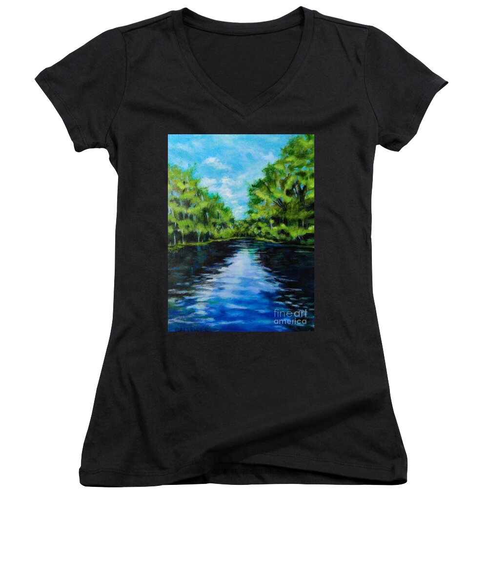 Landscape Women's V-Neck featuring the painting Silver River by Alison Caltrider