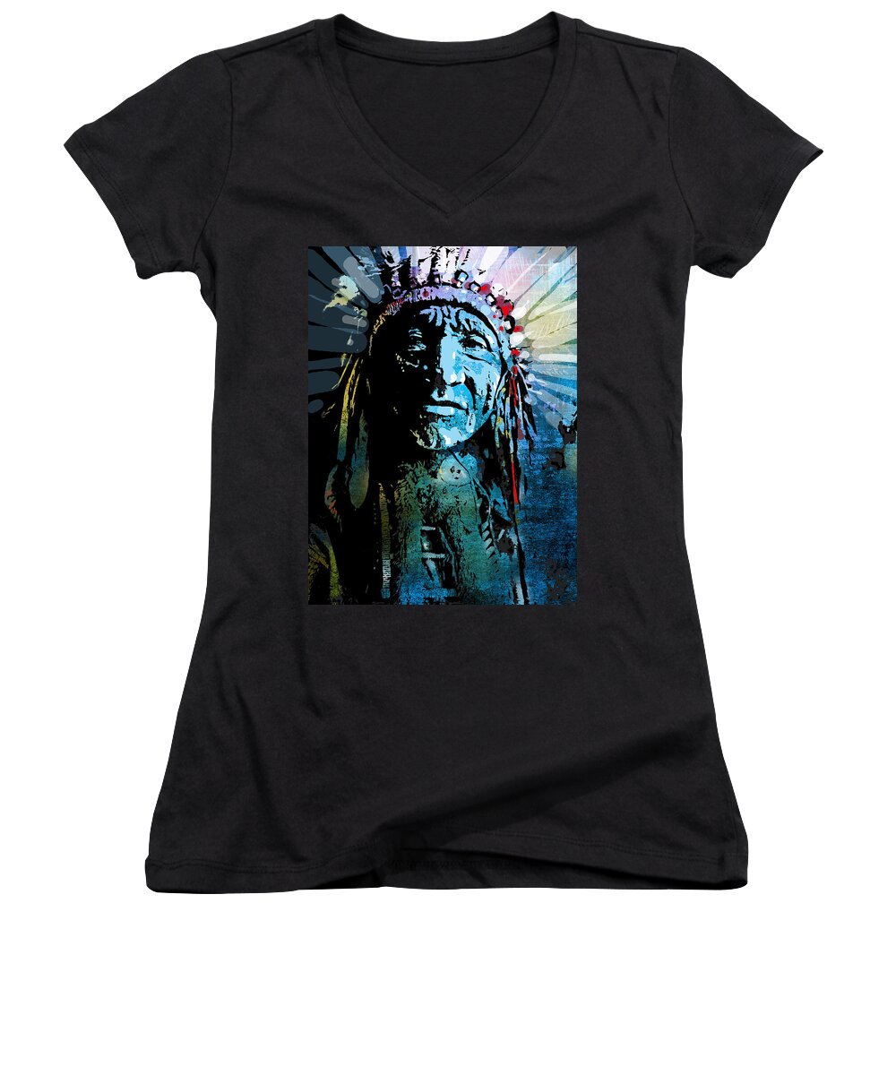 Native American Women's V-Neck featuring the painting Sioux Chief by Paul Sachtleben