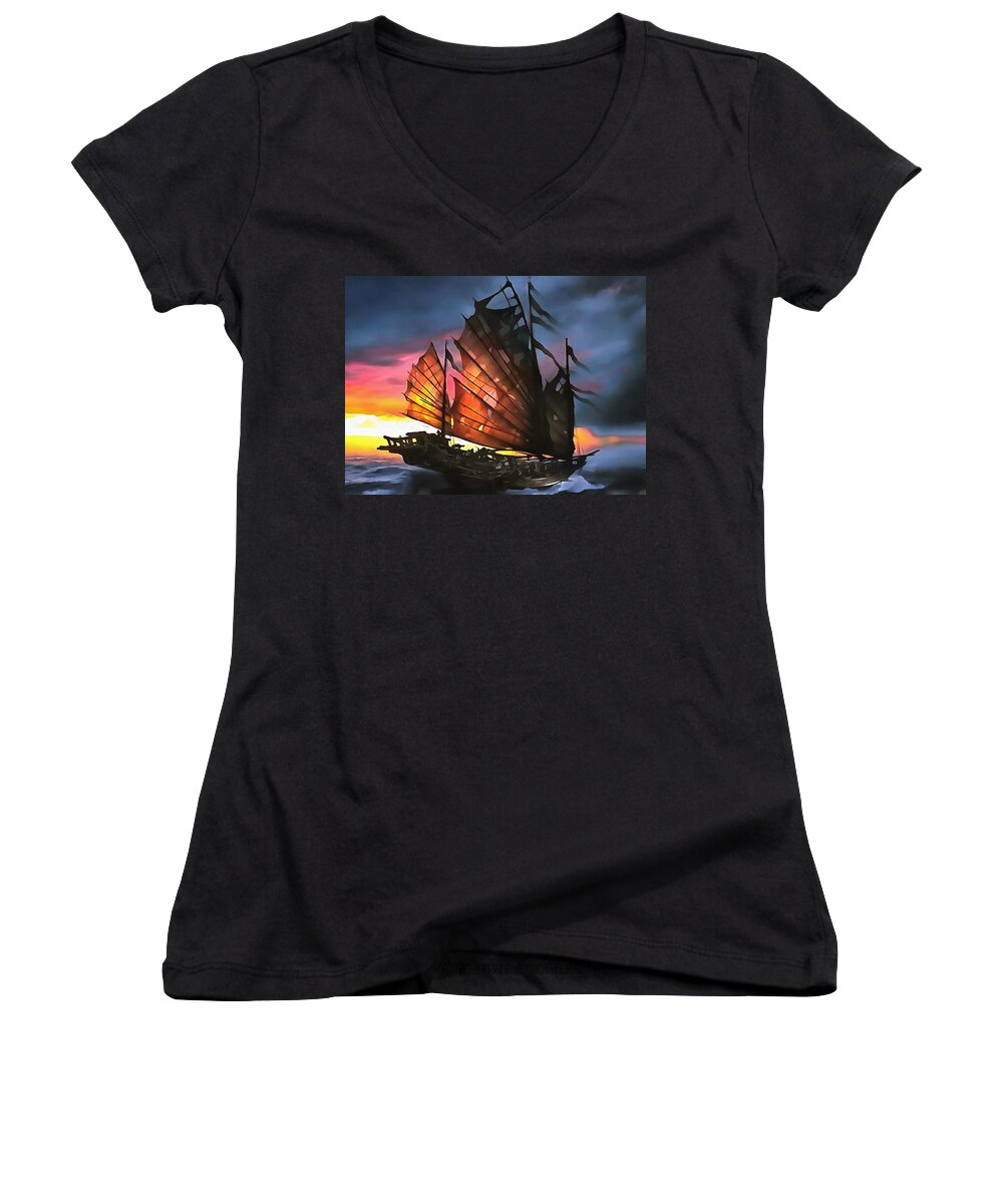 Sailboat Women's V-Neck featuring the painting Skeleton of A Junk by Taiche Acrylic Art