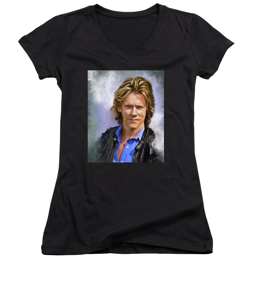Kevin Bacon Women's V-Neck featuring the digital art Smoking Hot Bacon by Susan Kinney