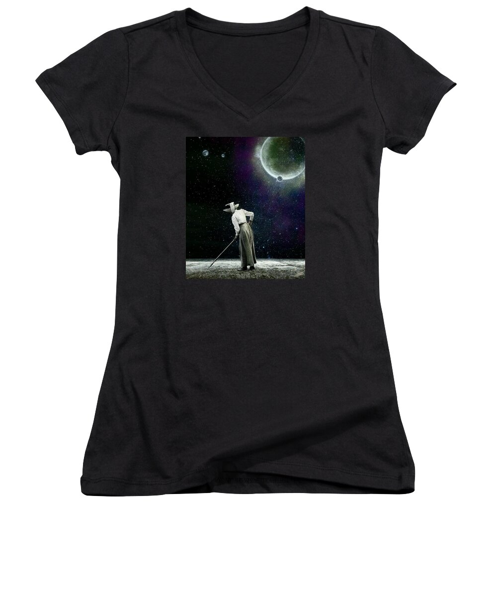 Woman Women's V-Neck featuring the digital art Sow What by Delight Worthyn