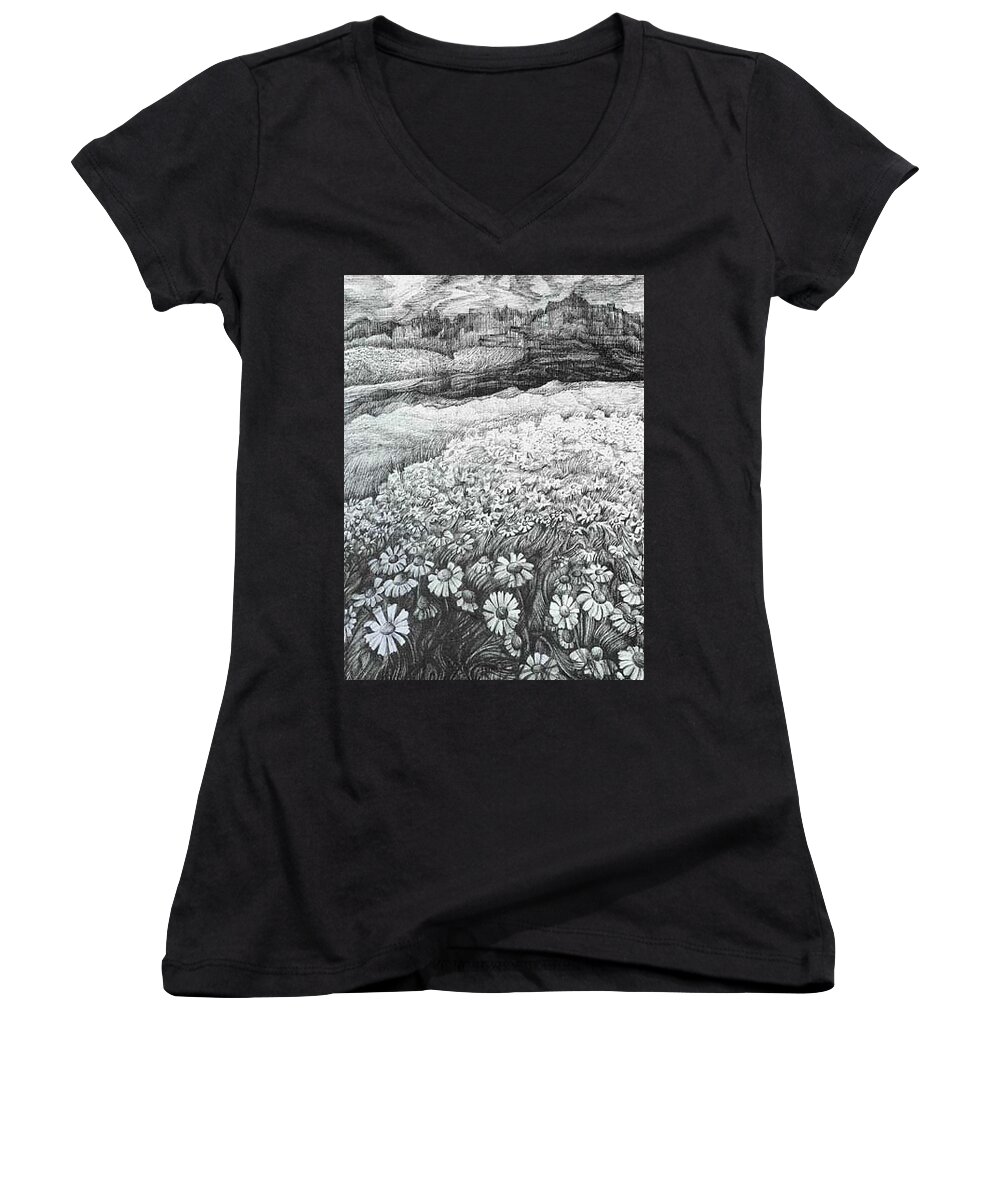Flower Women's V-Neck featuring the drawing Spring flowers by Anna Duyunova