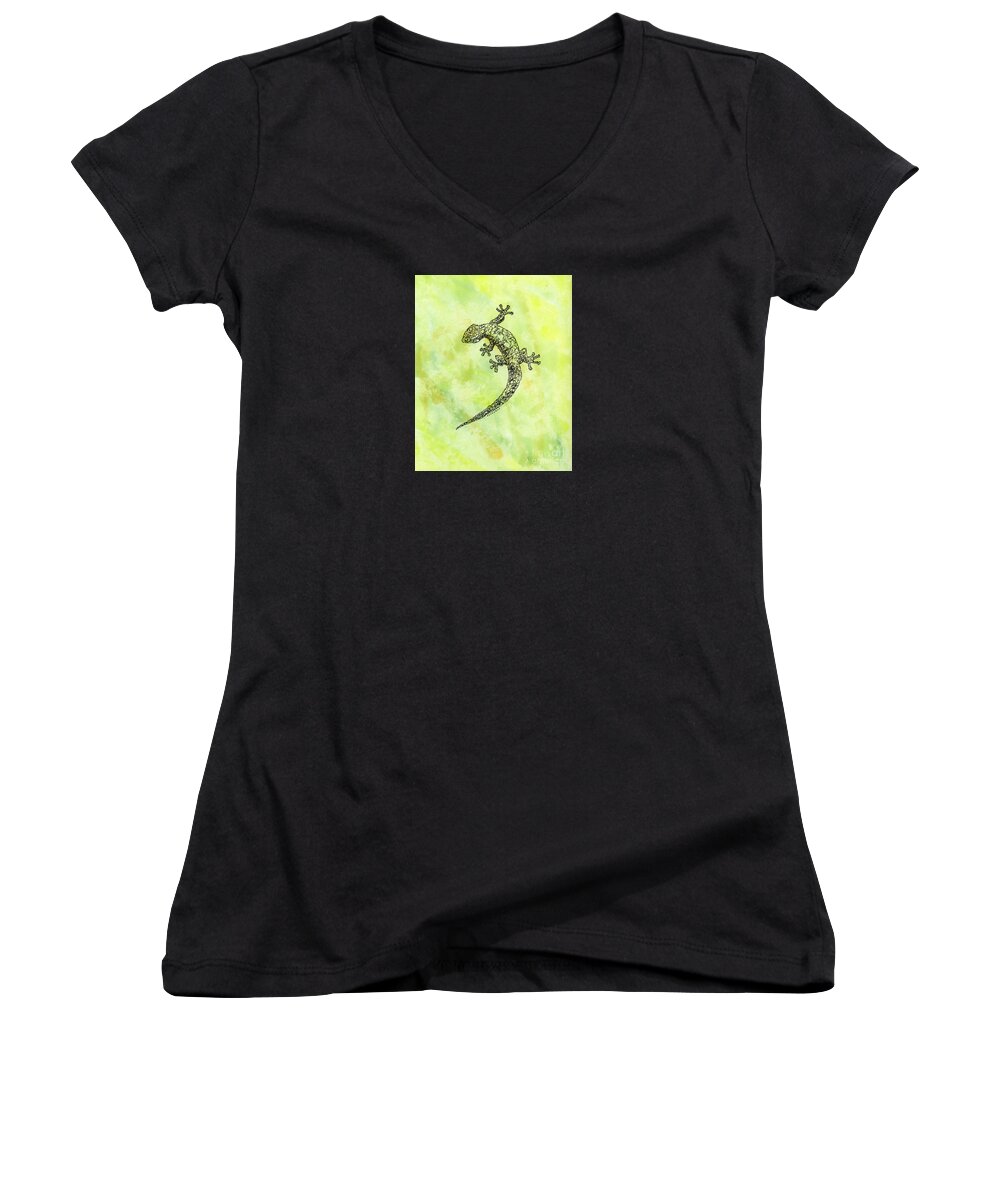 Gecko Women's V-Neck featuring the painting Squiggle Gecko by Diane Thornton