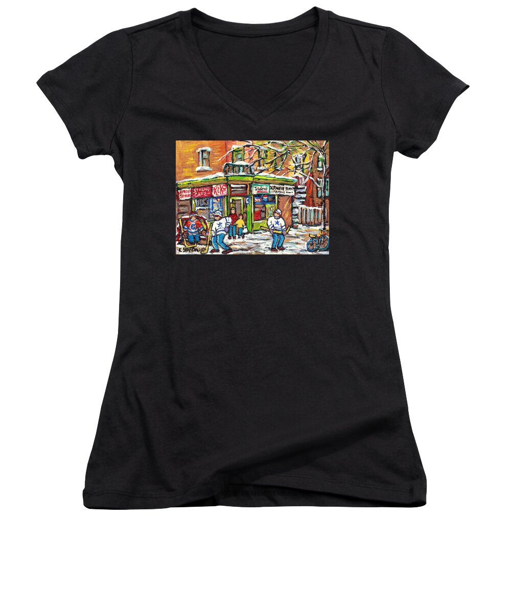 Montreal Women's V-Neck featuring the painting St Henri Montreal Winterscene Paintings For Sale Kids Hockey Game Canadian Art C Spandau Depanneurs by Carole Spandau