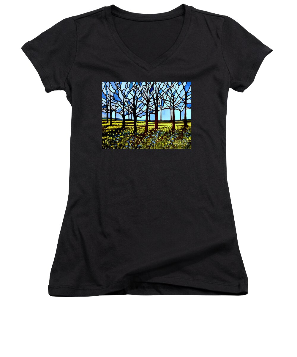 Blue Women's V-Neck featuring the painting Stained Glass Trees by Elizabeth Robinette Tyndall