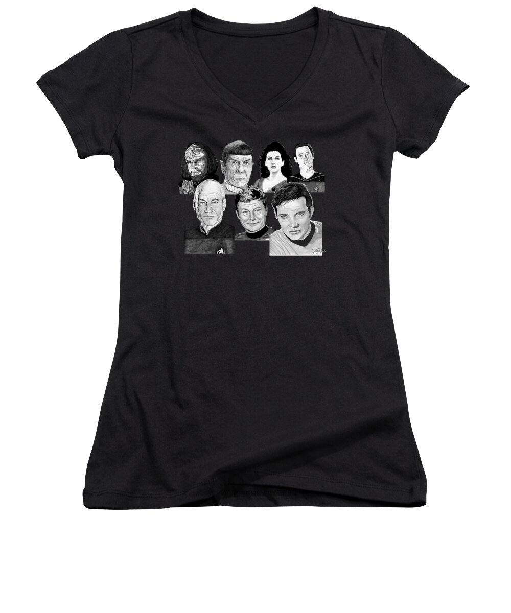 Star Women's V-Neck featuring the drawing Star Trek Crew by Bill Richards