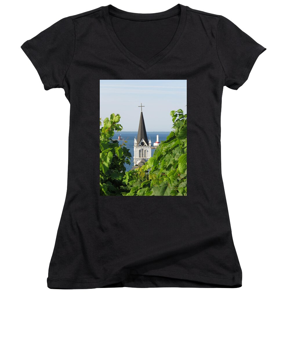 Ste. Anne Women's V-Neck featuring the photograph Ste. Anne's Steeple by Keith Stokes