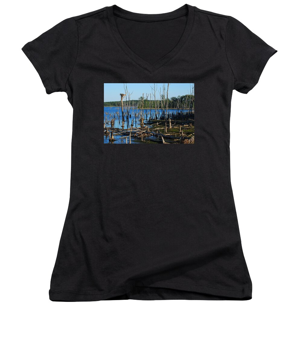 New Jersey Women's V-Neck featuring the photograph Still Wood - Manasquan Reservoir by Angie Tirado