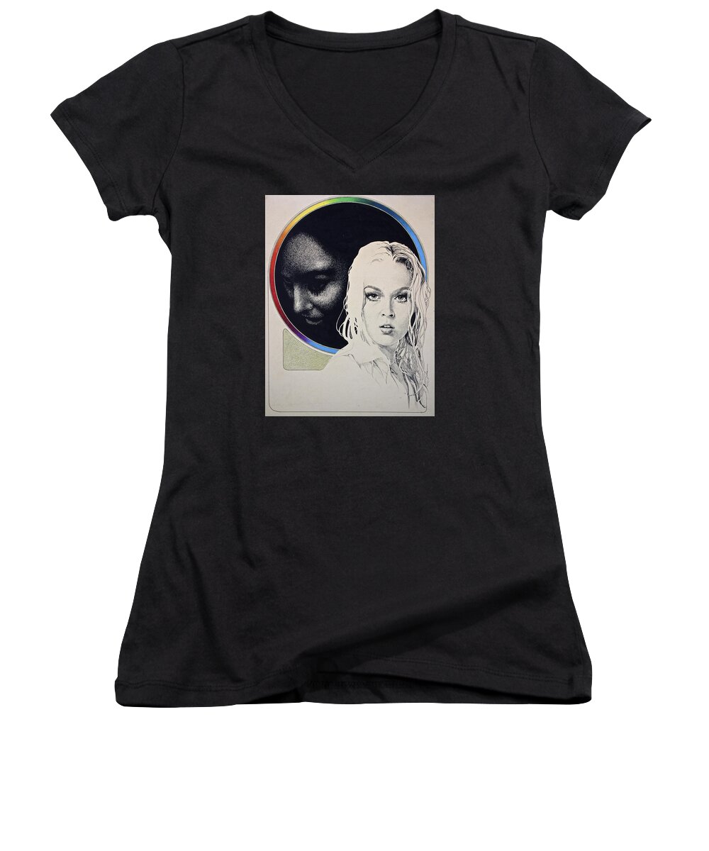 Portrait Women's V-Neck featuring the painting Stipple 1 --over the hill by Cliff Spohn