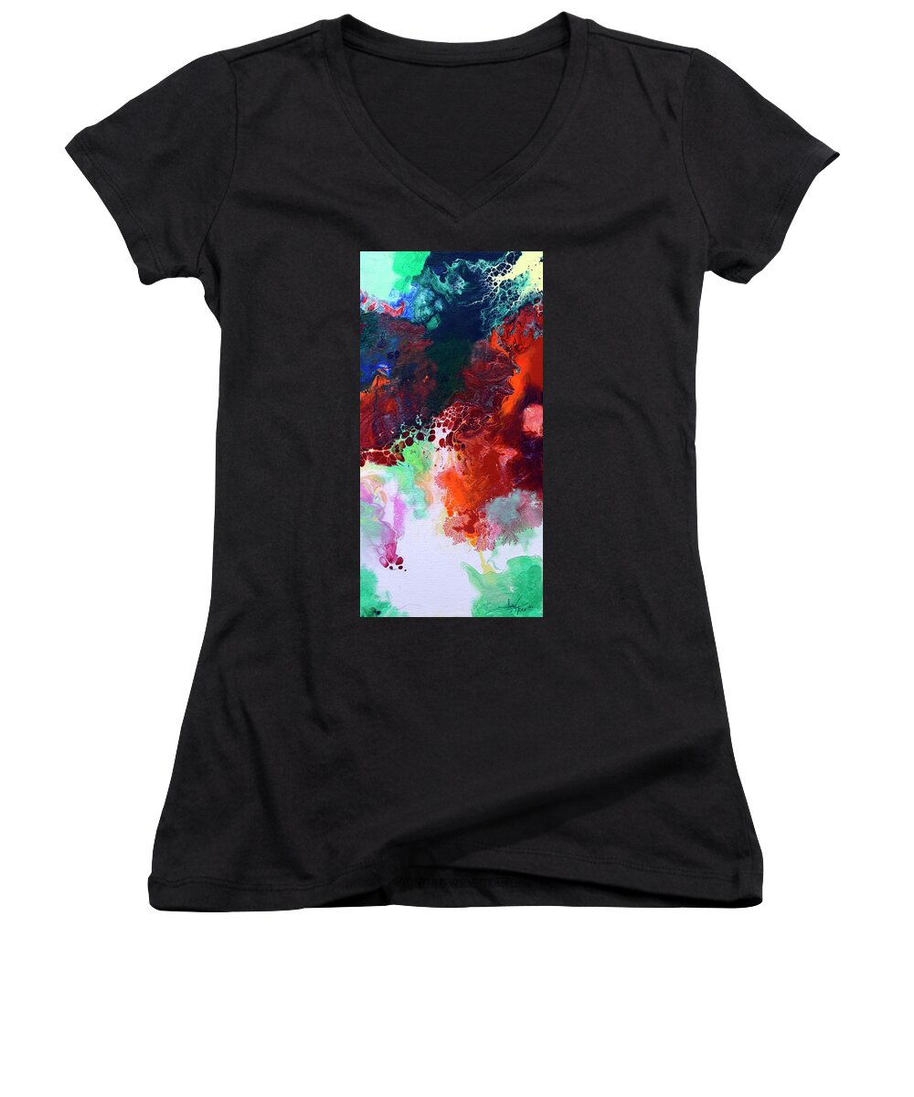 Original Abstract Women's V-Neck featuring the painting Subtle Vibrations, Canvas Five of Five by Sally Trace