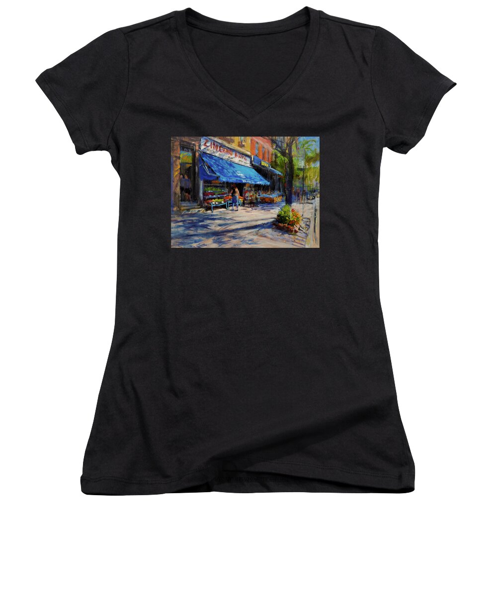 Family Business Women's V-Neck featuring the painting Summer Afternoon, Columbus Avenue by Peter Salwen