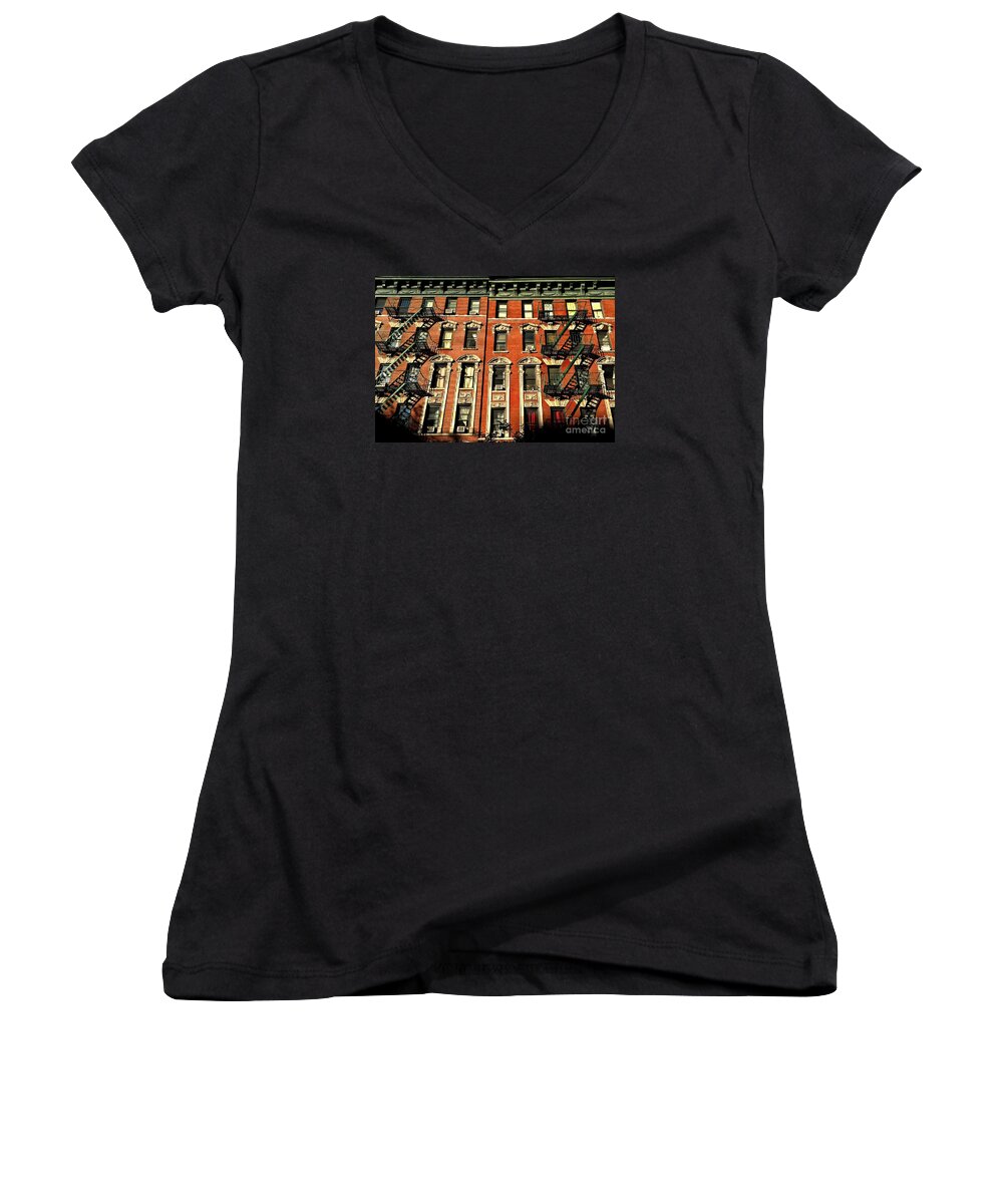Old Buildings Women's V-Neck featuring the photograph Sun and Shadow - The Rhythm of New York by Miriam Danar
