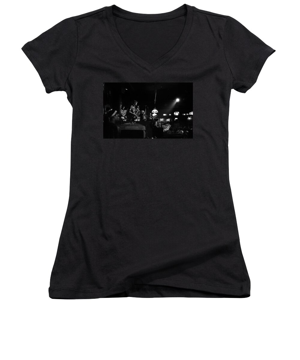 Jazz Women's V-Neck featuring the photograph Sun Ra Arkestra at the Red Garter 1970 NYC 21 by Lee Santa