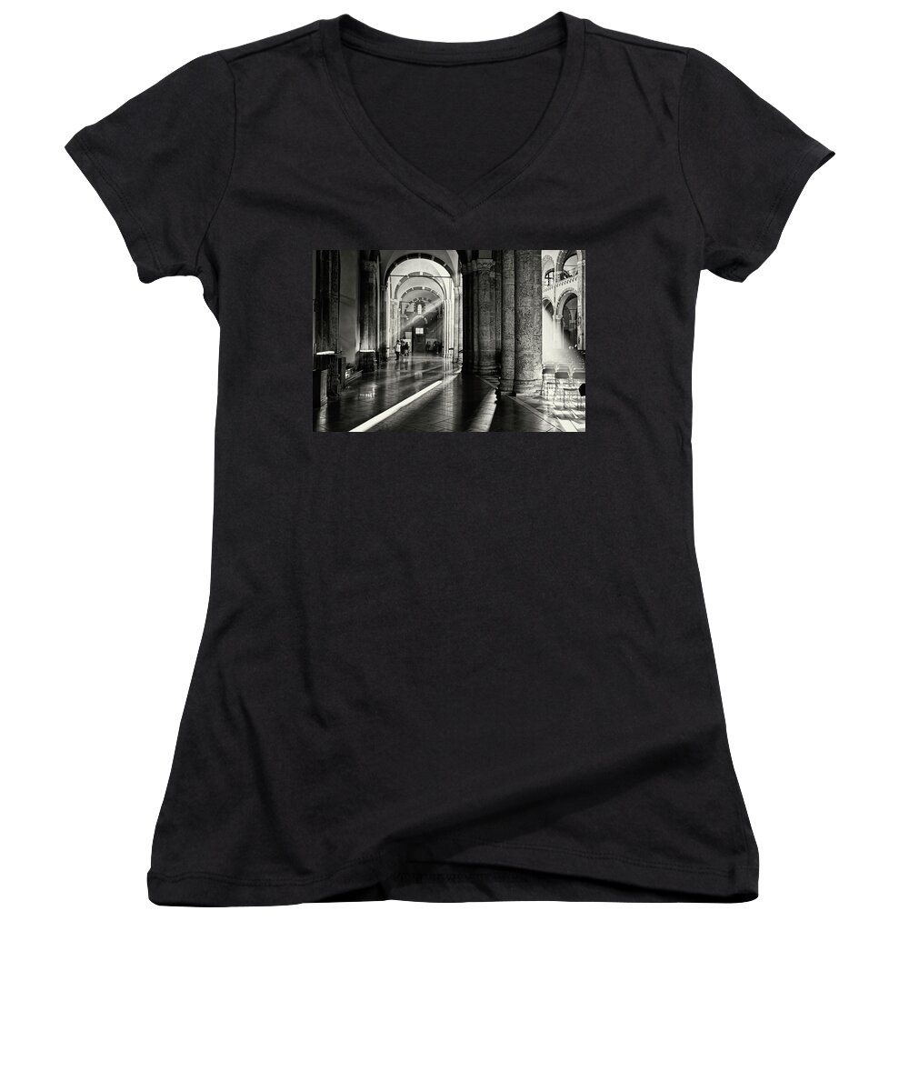 Architecture Women's V-Neck featuring the photograph Sunbeam inside the church by Roberto Pagani