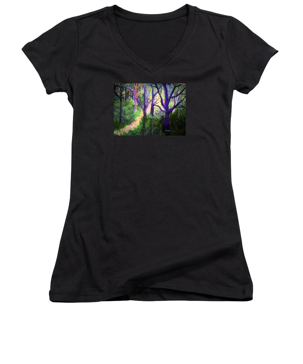 Sunlight Women's V-Neck featuring the painting Sunlight in the Forest by Anne Sands