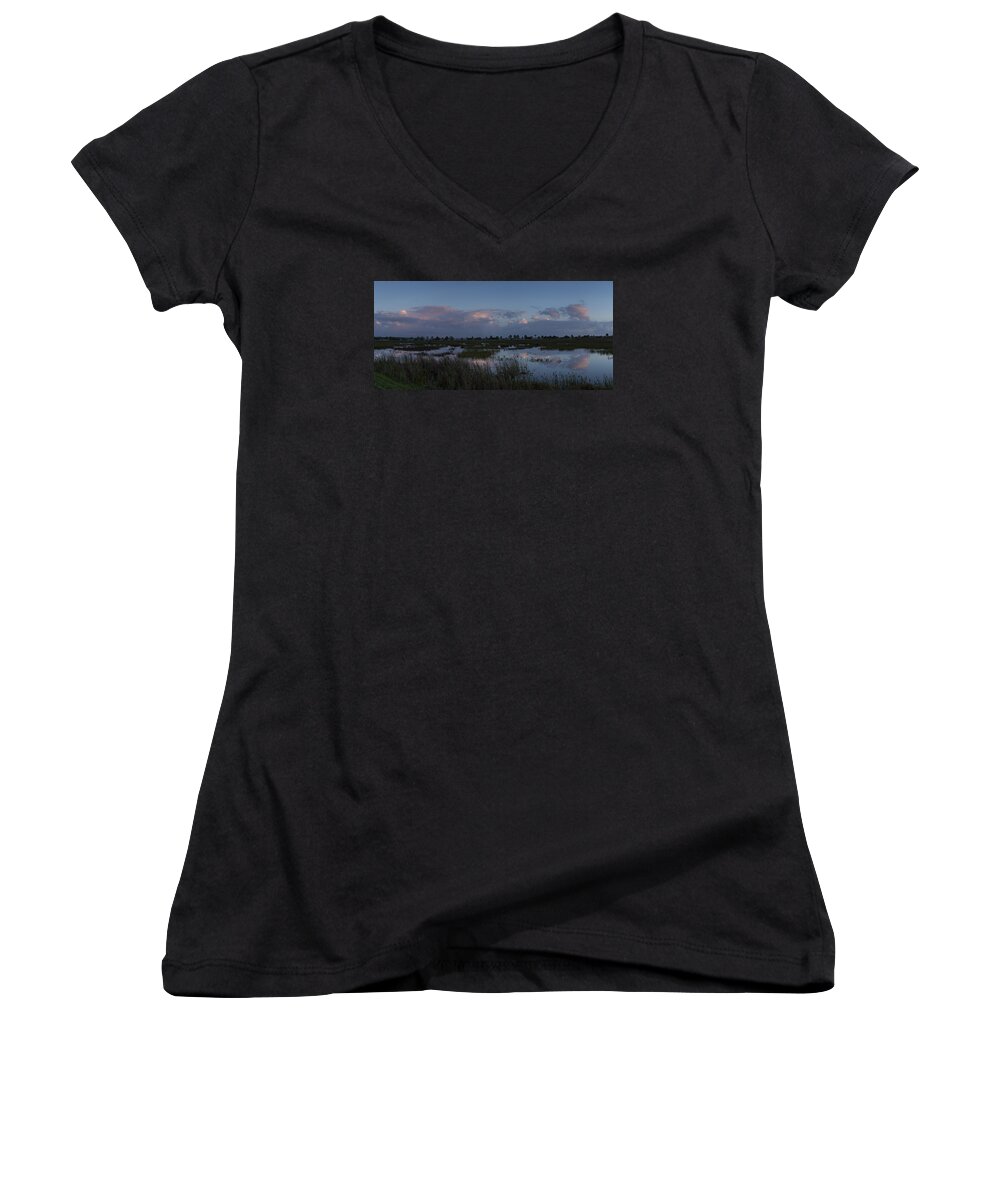 Colorful Women's V-Neck featuring the photograph Sunrise over the wetlands by David Watkins
