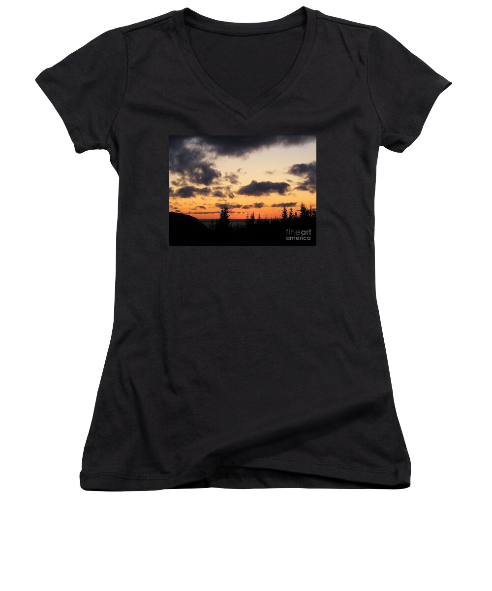 Sunset Women's V-Neck featuring the photograph Sunset and dark clouds by Barbara A Griffin