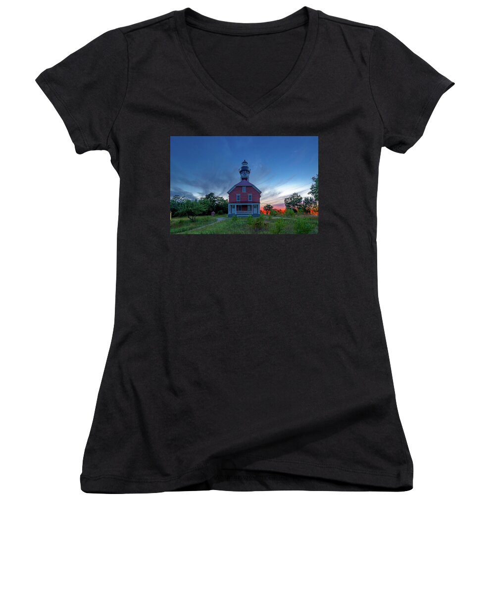 Au Sable Point Women's V-Neck featuring the photograph Sunset at Au Sable Point Lighthouse by Gary McCormick