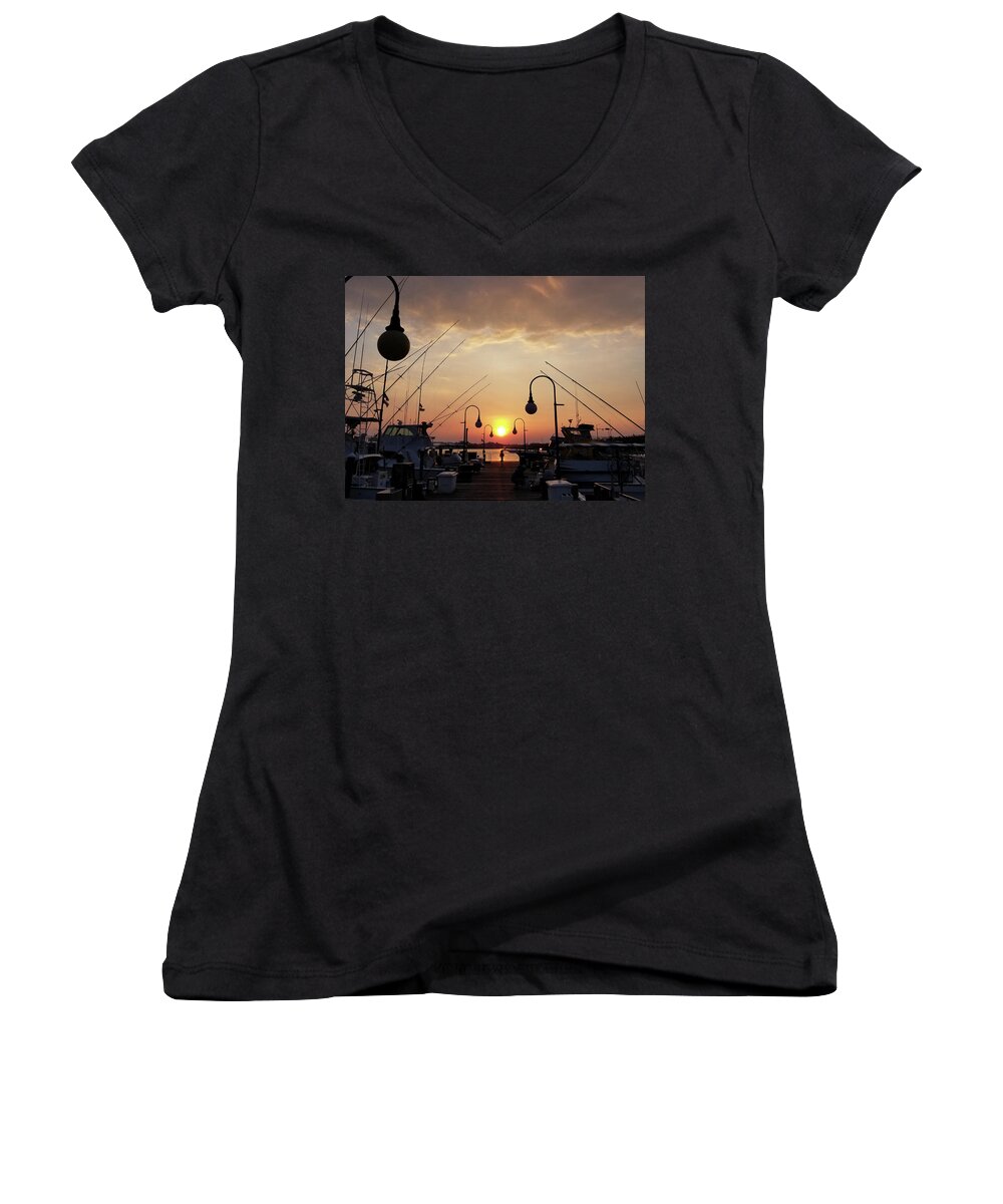 Sun Women's V-Neck featuring the photograph Sunset At The End Of The Talbot St Pier by Robert Banach