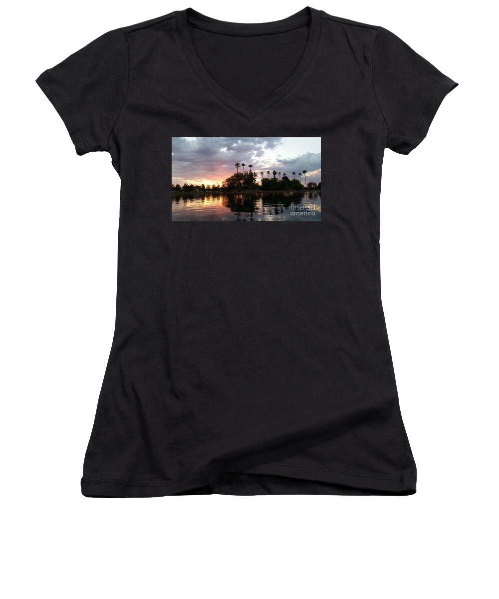 Island Women's V-Neck featuring the photograph Sunset Island in Chaparral Lake HORIZONTAL by Heather Kirk