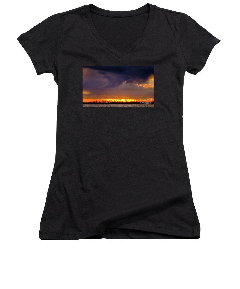 Sunset On The Elbe By Marina Usmanskaya Women's V-Neck featuring the photograph Sunset on the Elbe by Marina Usmanskaya