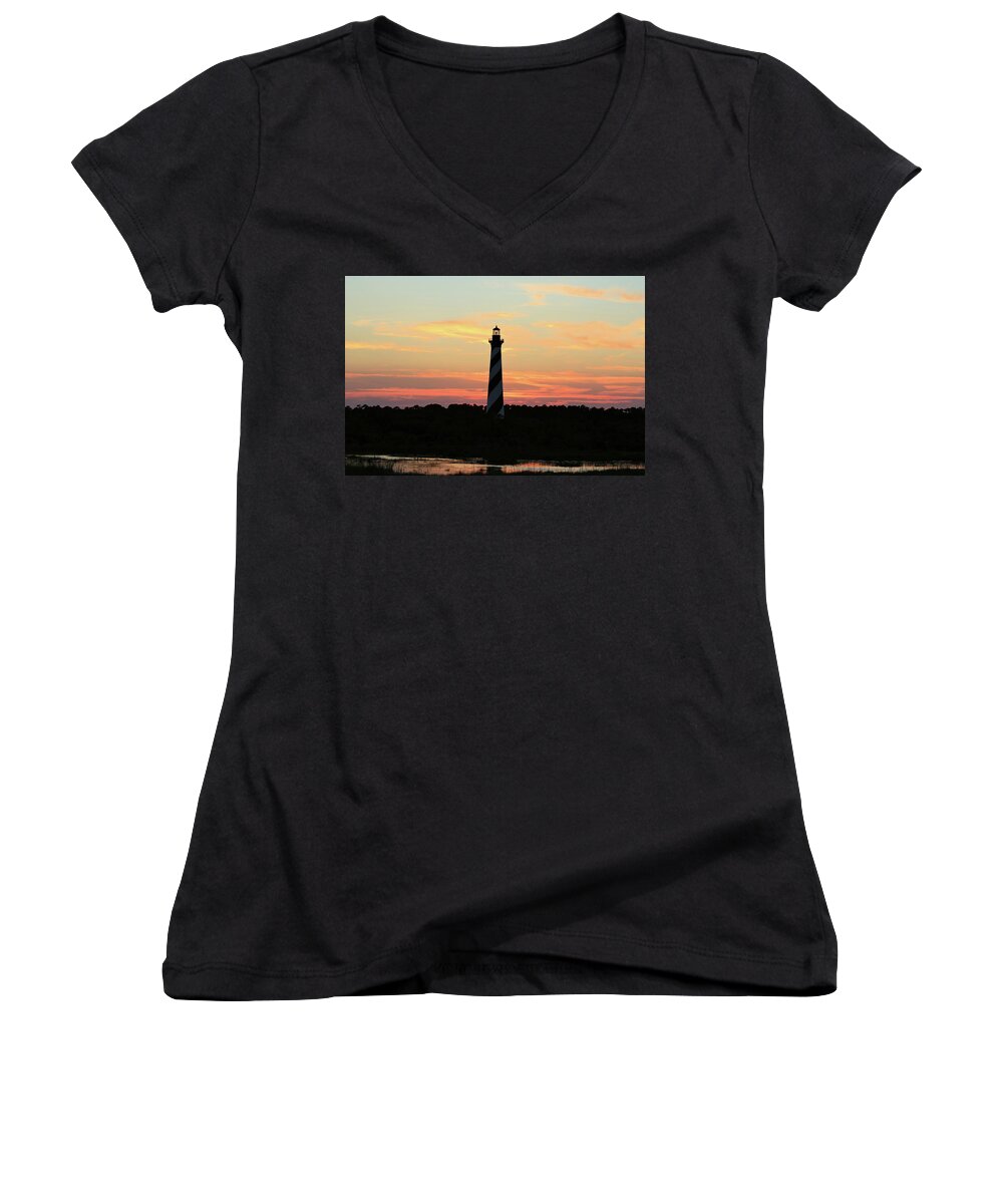 Photosbymch Women's V-Neck featuring the photograph Sunset over Cape Hatteras Light by M C Hood