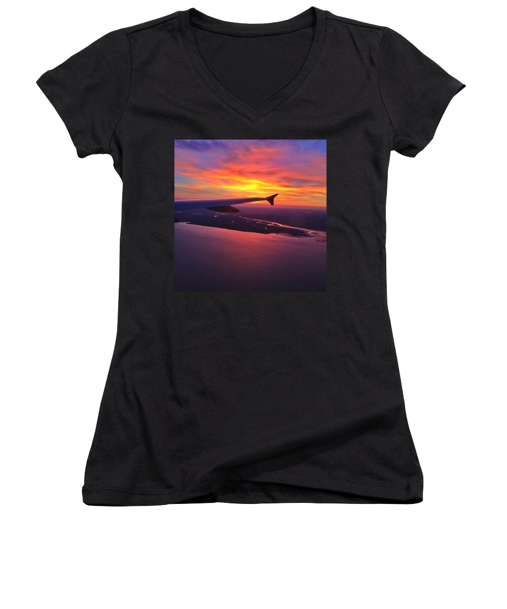 Fff Women's V-Neck featuring the photograph #sunset #sea #water #plane #flying by Tai Lacroix