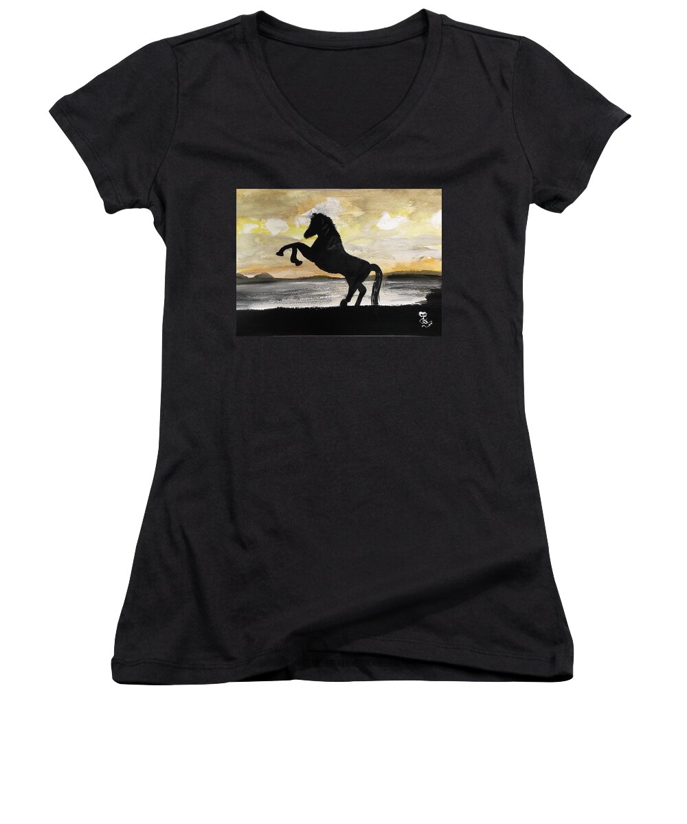 Horse Women's V-Neck featuring the painting Sunset Stallion by Carole Robins
