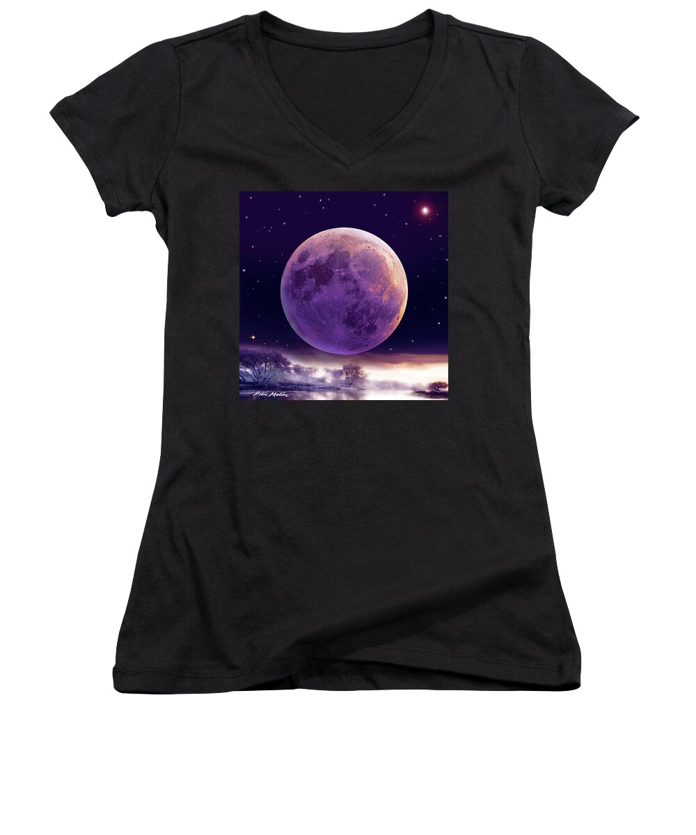 Cold Moon Women's V-Neck featuring the digital art Super Cold Moon over December by Robin Moline