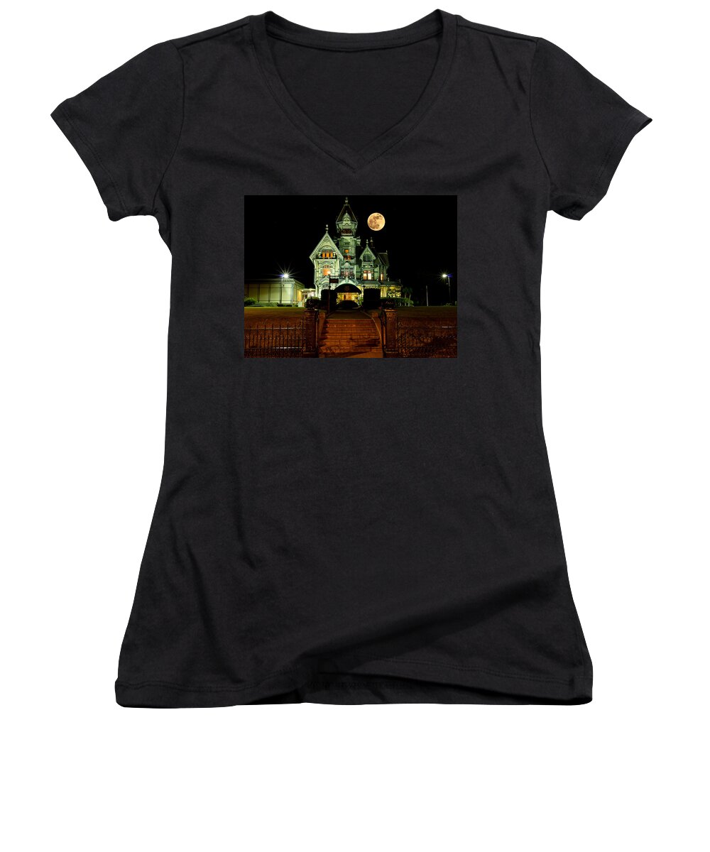 Moon Women's V-Neck featuring the photograph Super Moon over Carson Mansion by Greg Nyquist