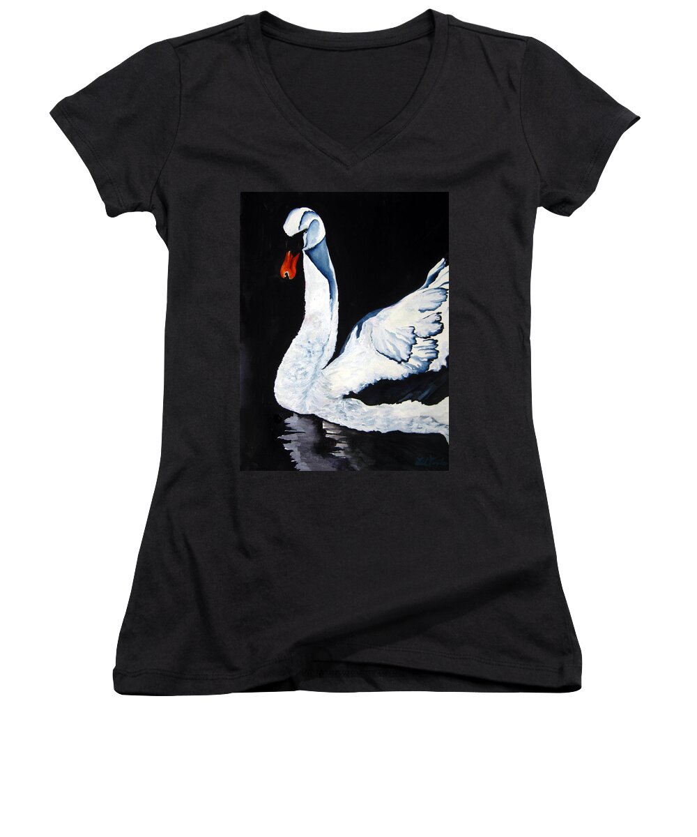 Lil Taylor Women's V-Neck featuring the painting Swan in Shadows by Lil Taylor