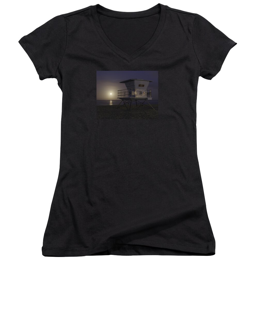 Tamarack Women's V-Neck featuring the photograph Tamarack Moonset by Dusty Wynne