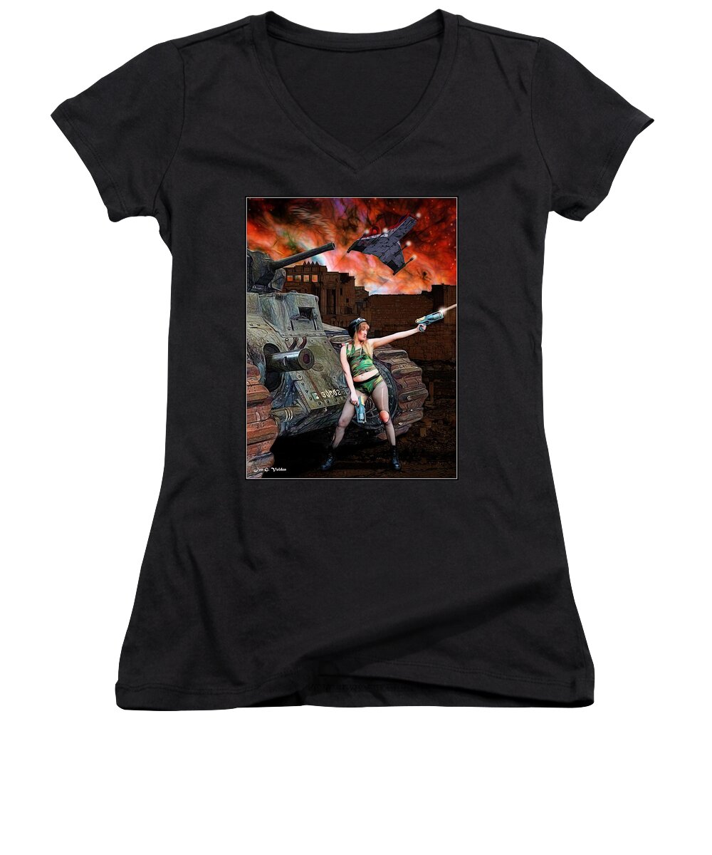 Fantasy Women's V-Neck featuring the painting Tank Girl in Action by Jon Volden