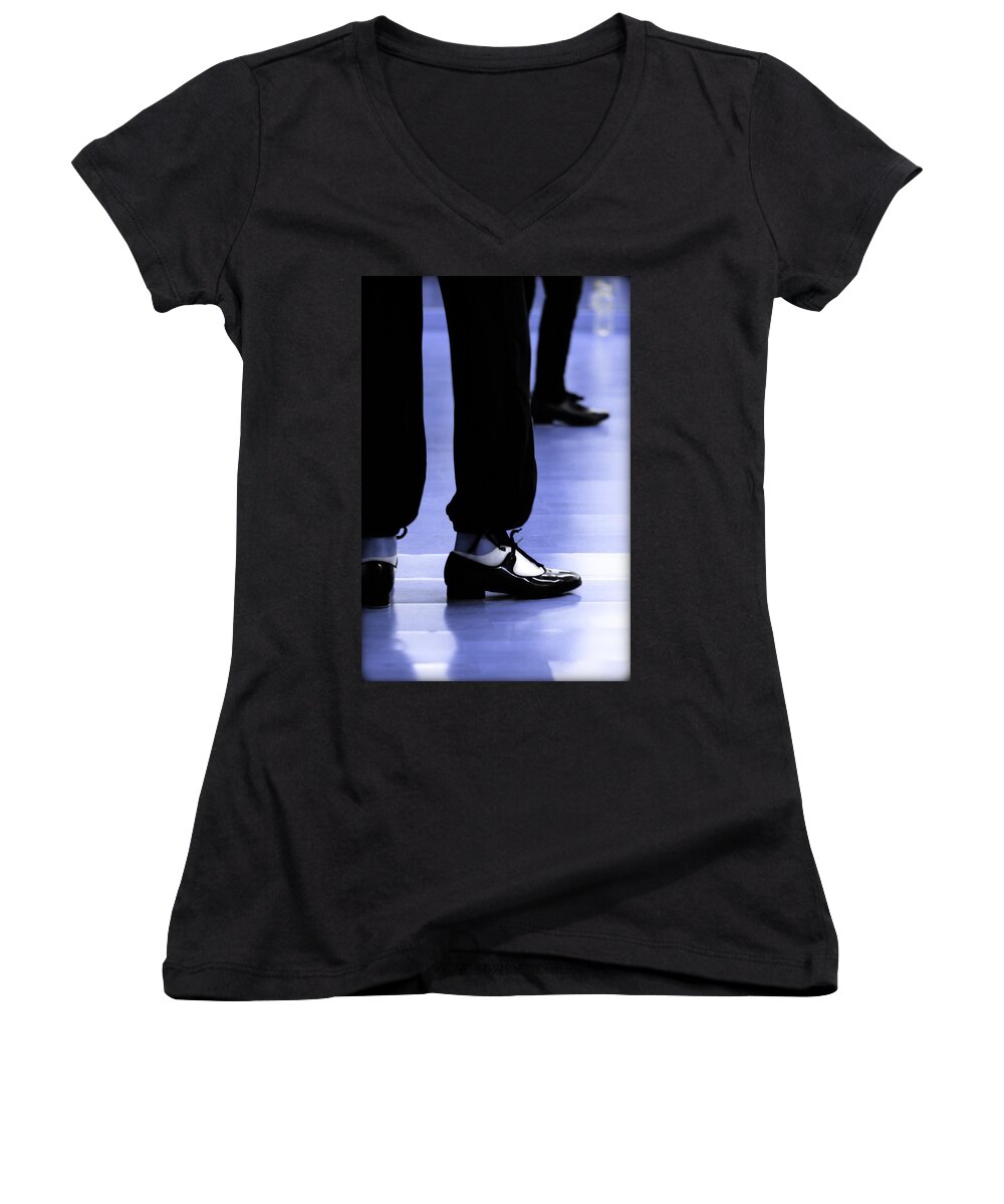 Black Women's V-Neck featuring the photograph Tap Dance In Blue Are Shoes Tapping In A Dance Academy by Pedro Cardona Llambias
