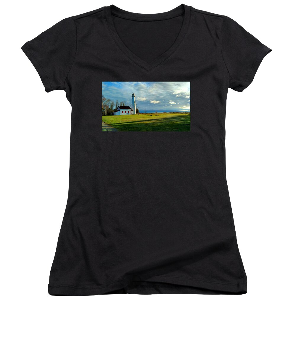 Tawas Women's V-Neck featuring the photograph Sturgeon Point Lighthouse by Michael Rucker