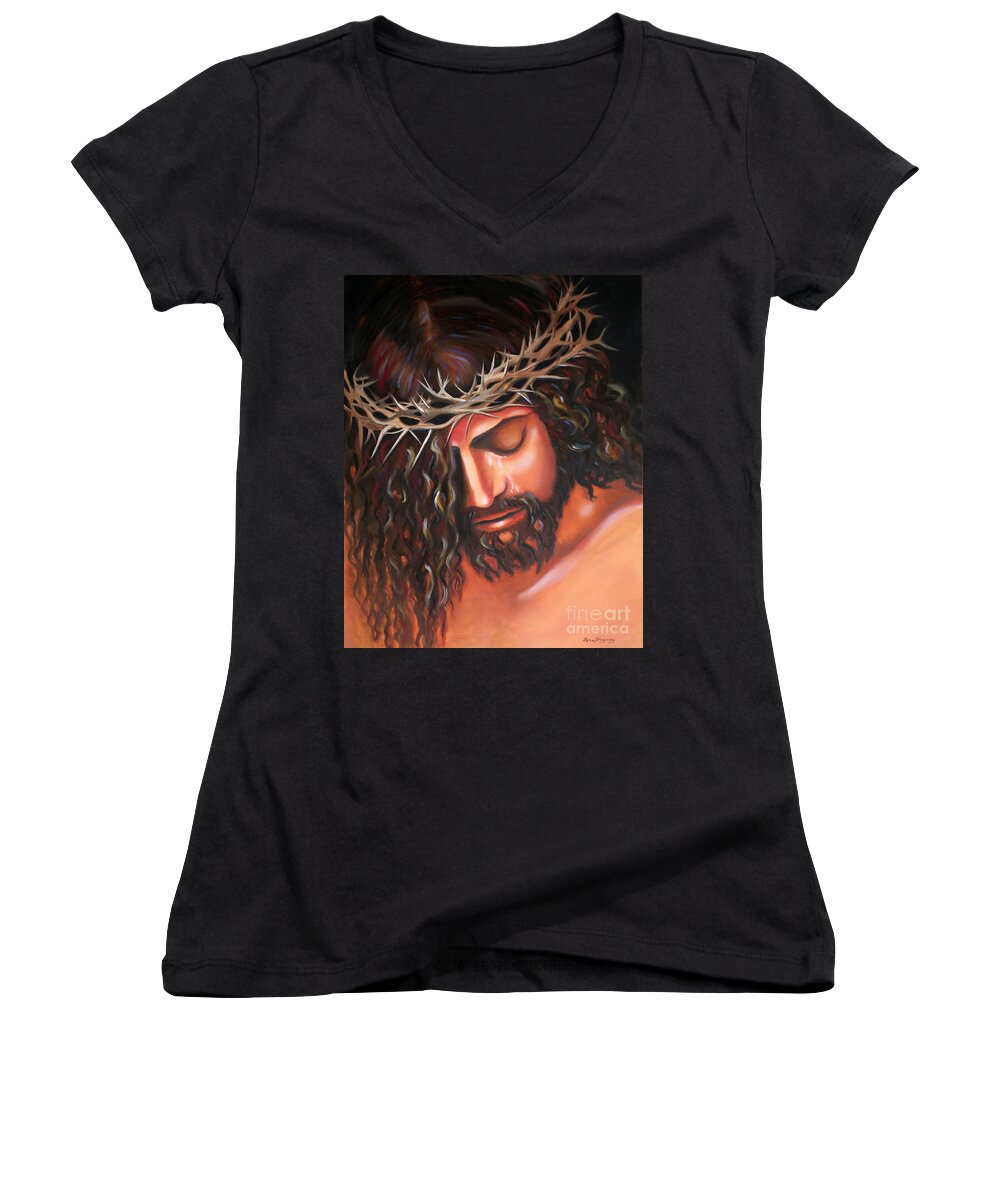 Crown Of Thorns Women's V-Neck featuring the painting Tears from the Crown of Thorns by Lora Duguay