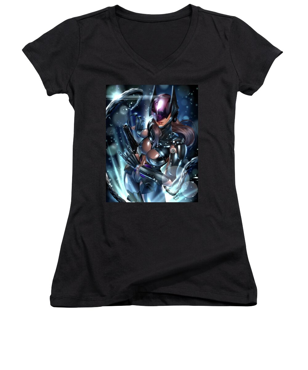 Batman Women's V-Neck featuring the painting Tetsuya Nomura Catwoman by Pete Tapang