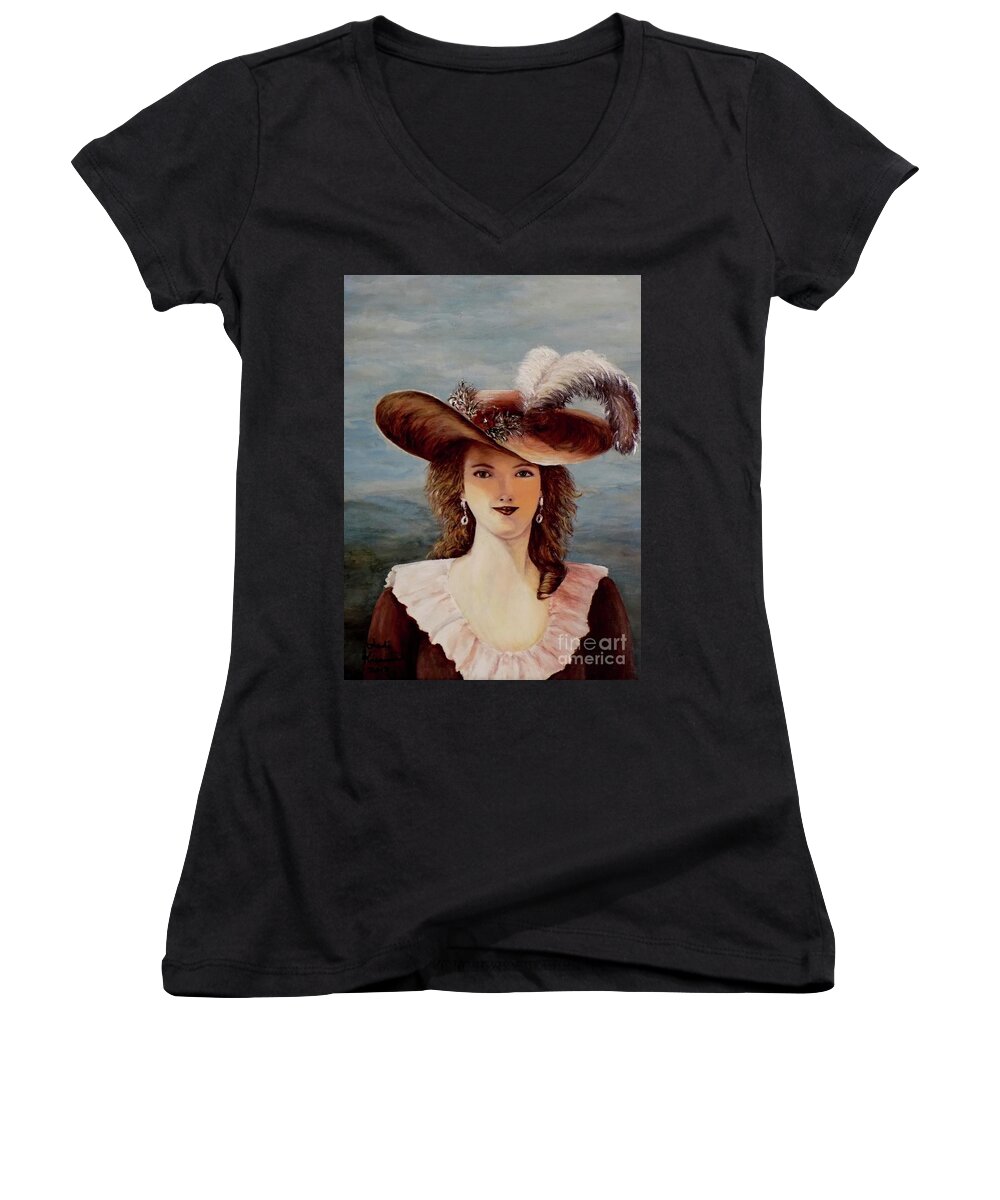 Feather Women's V-Neck featuring the painting That Feather in Her Hat by Judy Kirouac