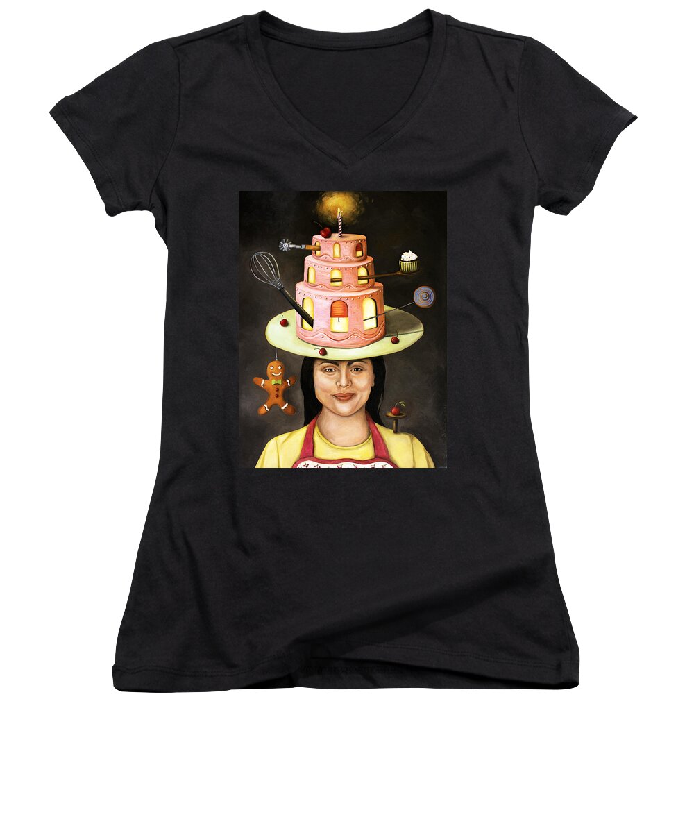 Baker Women's V-Neck featuring the painting The Baker by Leah Saulnier The Painting Maniac