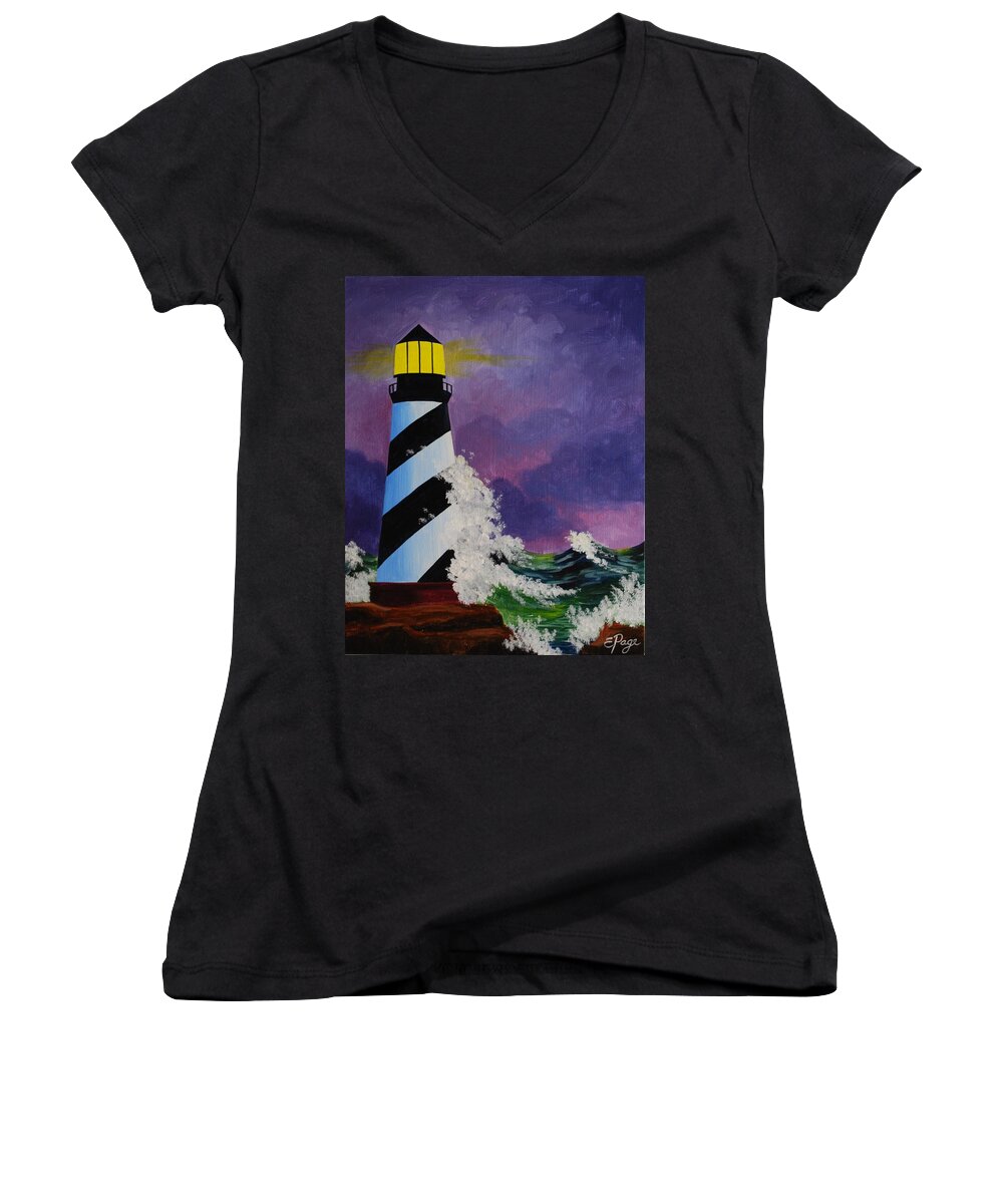 Lighthouse Women's V-Neck featuring the painting The Beacon by Emily Page