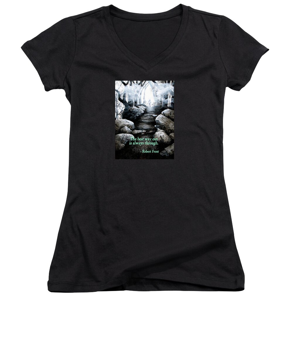 Black And White Women's V-Neck featuring the painting The Best Way Out by Mary Palmer