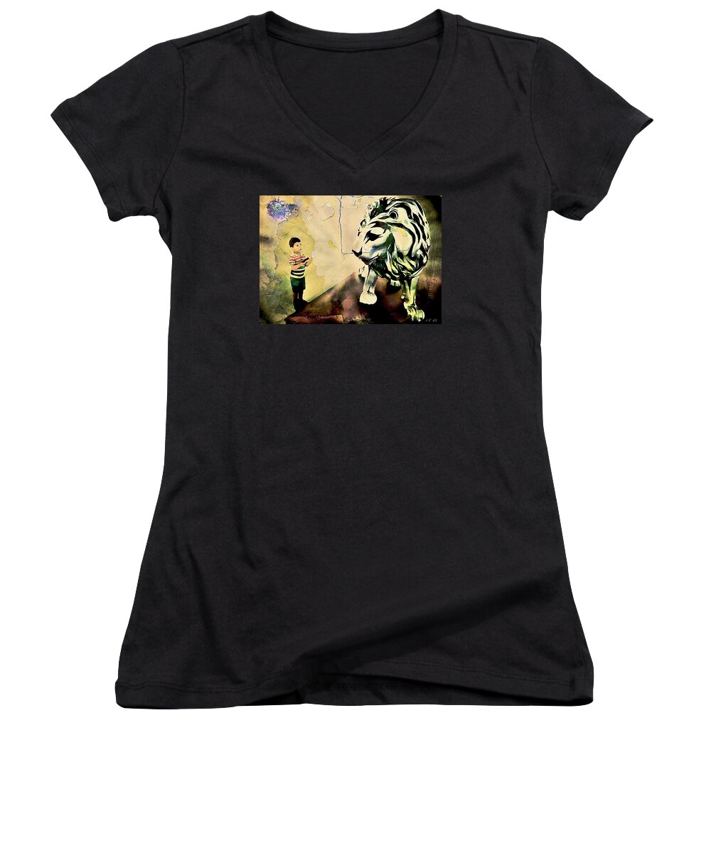 Animals Women's V-Neck featuring the photograph The Boy and the Lion Graffiti Creator,Street-art Graffiti,Street-art,graffiti art street,banksy art, by Jean Francois Gil